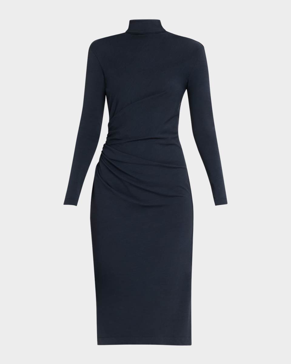 Synched-Waist Wool Jersey Long-Sleeve Midi Dress